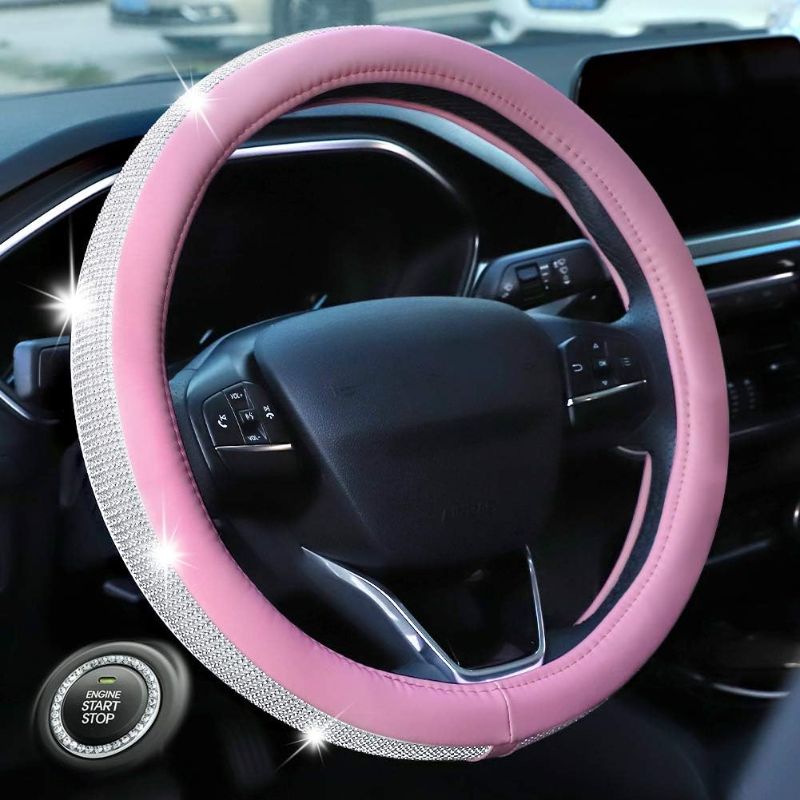 Photo 1 of  Car Bling Pink Steering Wheel Cover for Women Girls, 15 Inch Universal Cute Diamond Leather Steering Wheel Cover with Bling Bling Crystal Rhinestones