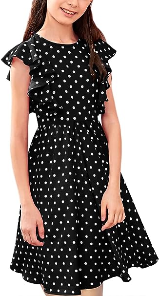 Photo 1 of Girls Polka Dots Dress Ruffle Trim Short Sleeve Round Neck Casual Mini Dresses Little Big Kids 5-6
