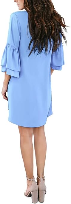 Photo 2 of BELONGSCI Women's 2023 Summer Dress Sweet & Cute V-Neck Bell Sleeve Shift Dress Mini Dress, Perfect for Wedding or Graduation- SIZE M 
