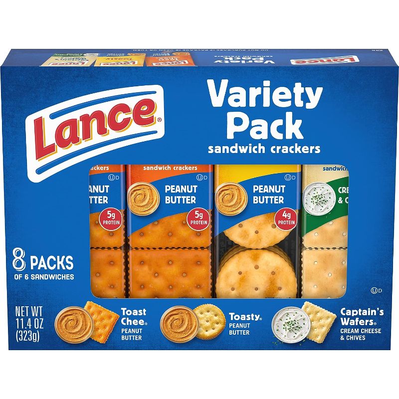 Photo 1 of 2 PACK--Lance Sandwich Crackers, Variety Pack, 3 Flavors, 8 Individually Wrapped Packs, 6 Sandwiches Each- BEST BY- 08/2023
