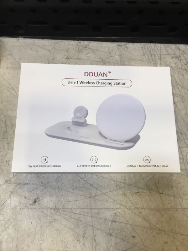 Photo 2 of DDUAN Wireless Charger, 3 in 1 Qi Fast Charging Station Dock Compatible for Apple Watch, AirPods Pro/1/2, Charging Stand for iPhone 14/13/12/11/Pro/Max/XR/XS/XS Max/X /8/Samsung(18W Adapter Included) White