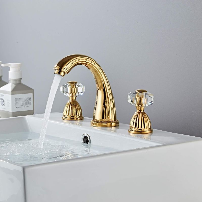 Photo 1 of YANNLII Shiny Polished Gold Widespread Waterfall Bathroom Sink Faucet,Two Crystal Handle Three Hole Lavatory Faucet,8-16 Inch Basin Mixer Tap with Pop Up Drain,French Gold
