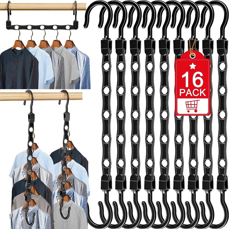 Photo 1 of 16 Pack Hangers Space Saving Magic Sturdy Closet Hangers Space Saver Closet Organizers and Storage Smart Plastic Clothes Hanger Organizer for Wardrobe Apartment College Dorm Room Essentials, Black
