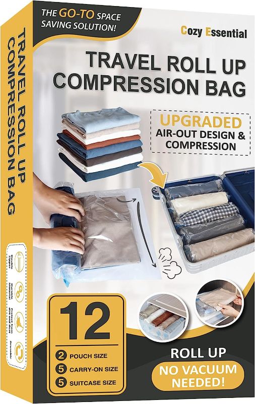 Photo 1 of 12 Travel Compression Bags Vacuum Packing, Roll Up Space Saver Bags for Luggage, Cruise Ship Essentials (5 Large /5 Medium/2 Small Roll)
