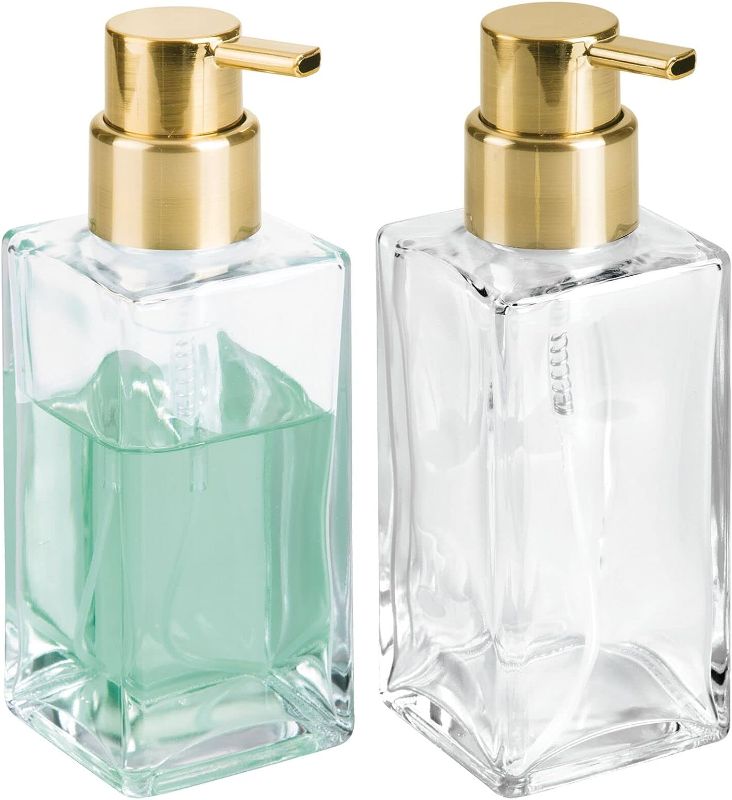 Photo 1 of mDesign Glass Refillable Foaming Hand Soap Dispenser Modern Square Pump Bottle for Bathroom Vanities or Kitchen Sink, Countertops - 2 Pack - Clear/Soft Brass
