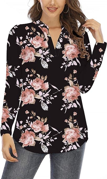 Photo 1 of Beauhuty Womens Tops V Neck Blouses Floral Printed Casual Short/Long Sleeve Tunic Shirts- SIZE 2XL 
