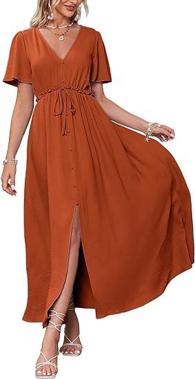 Photo 1 of BerryGo Women's Casual Short Sleeve V Neck Flowy Maxi Dress Tie Waist Solid Boho Flutter Long Cocktail Dress with Pocket
Size: S