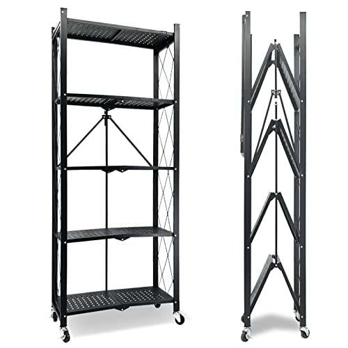 Photo 1 of ALANNG 5 Tier Storage Shelves Heavy Duty on Wheels,  FACTORY SEALED Foldable Metal Shelving Units 11.1" D x 24.2" W x 59" H for Garage Kitchen Bakers, No Assembly Organizer Rack Black Black R5