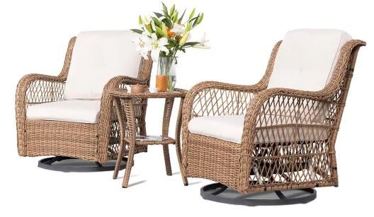 Photo 1 of 3-Piece Yellow Wicker Outdoor Swivel Rocking Chair Set with Beige Cushions Patio Conversation Set (2-Chair)
