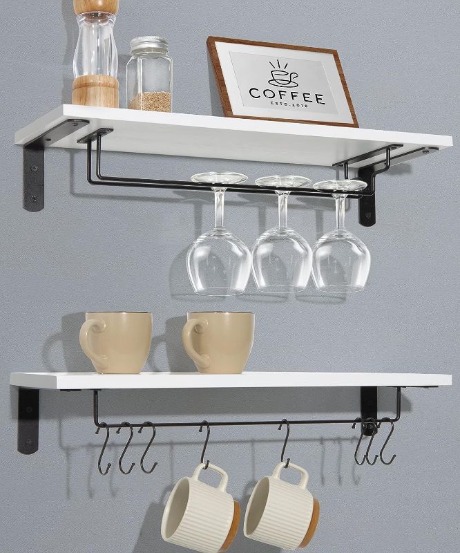 Photo 1 of Afuly Wine Rack Wall with Glass Holder, 20 inch Long White Floating Shelf Wall Mounted for Stemware Liquor Bottles, Bathroom Wall Shelves with Towel Bar, Coffee Bar Shelves with 8 Hooks, Set of 2
