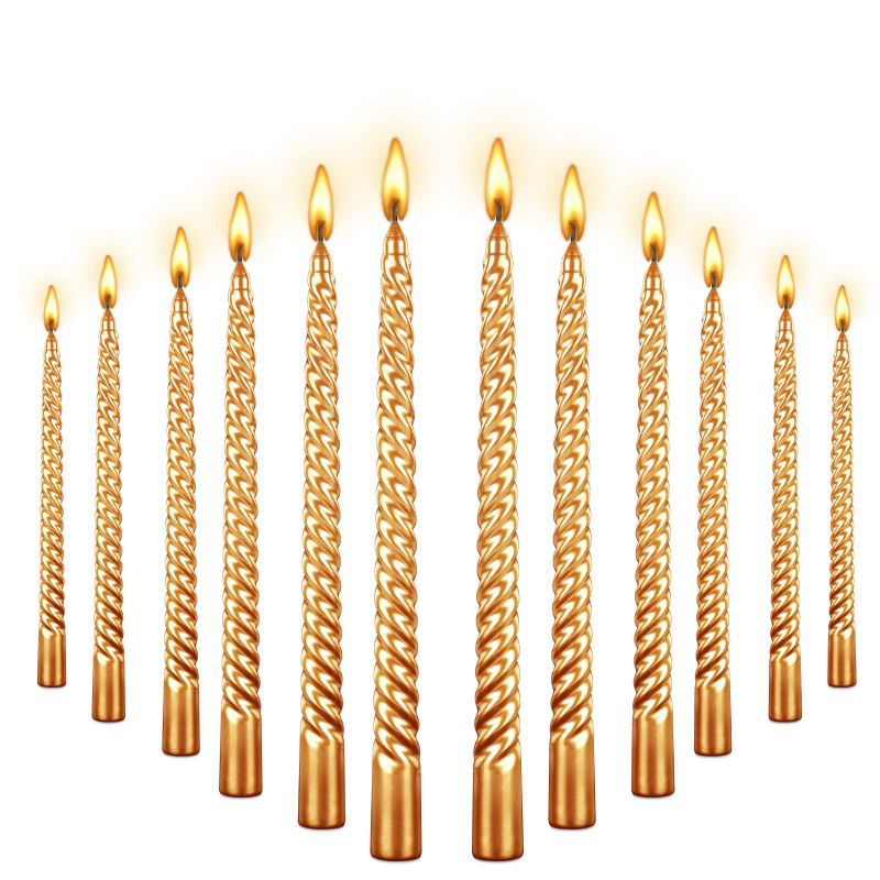 Photo 1 of 10 Inch Tall Taper Candles Spiral Candle- Set of 12 Tapered Candle, 8 hrs,Tasteless and Smokeless,Long Candle,Tall Candlesticks, Home Dinner, Party, Wedding, Halloween, Christmas (12 Spiral Golden)