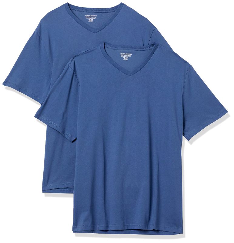 Photo 1 of Amazon Essentials Men's SIZE LARGE  Slim-Fit Short-Sleeve V-Neck T-Shirt, Pack of 2 Large Blue