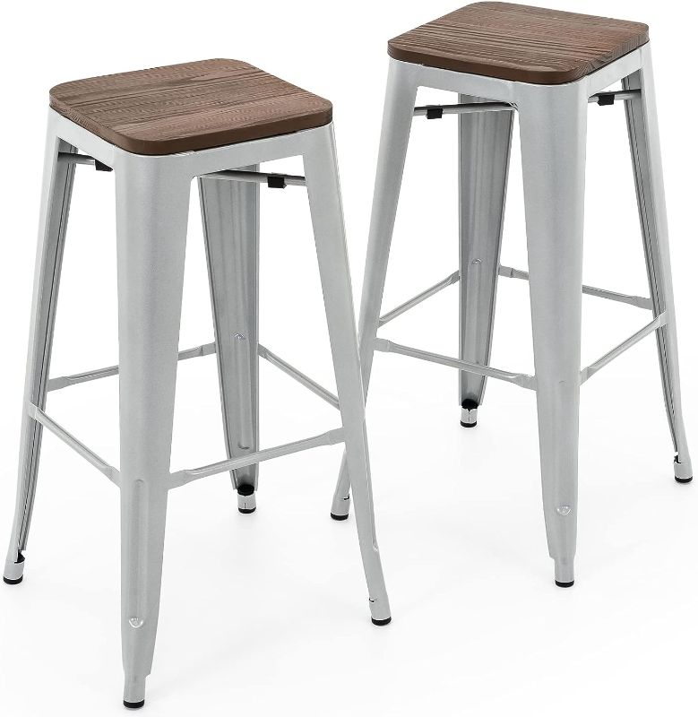 Photo 1 of Brage Living 30 Inch Metal Bar Stools with Square Wood Seat Top, Backless Stackable Industrial Barstools Set of 2 (Pearl Grey)
