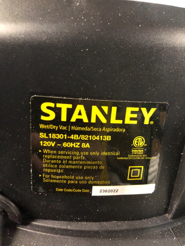 Photo 3 of **UNABLE TO TEST**
Stanley - SL18301-4B 4 Gallon Wet/dry Vacuum - Metal
