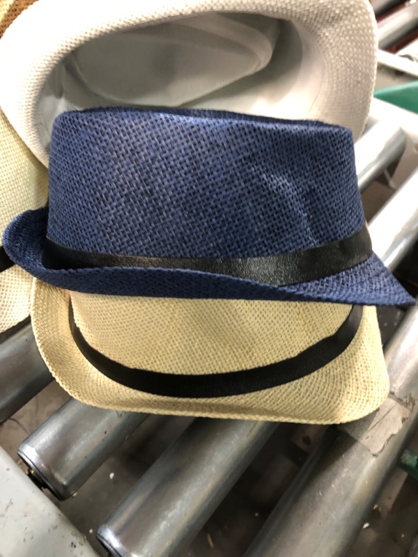 Photo 2 of 8 Pack Panama Trilby Fedora Straw Sun Hat with Leather Belt Straw Fedora Hats Short Brim Summer Beach Hat for Men Women