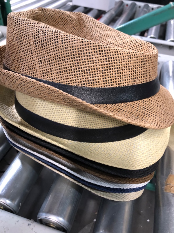 Photo 5 of 8 Pack Panama Trilby Fedora Straw Sun Hat with Leather Belt Straw Fedora Hats Short Brim Summer Beach Hat for Men Women