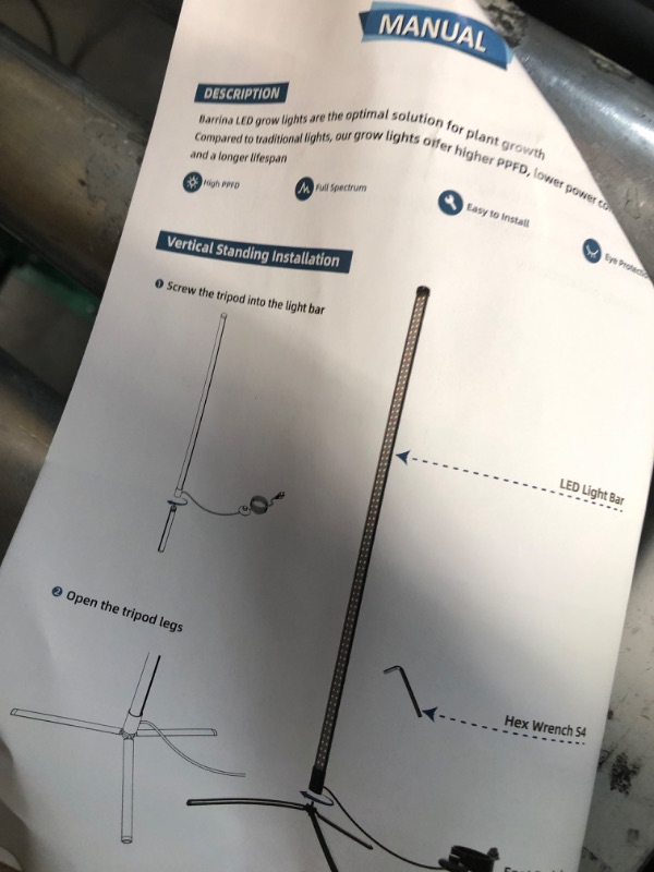 Photo 3 of **BENT SEE PHOTOS** Barrina Grow Lights for Indoor Plants with Stand, 42W 169 LEDs Full Spectrum Wide Illumination Area, T10 Vertical Standing Plant Grow Light, 47" H with On/Off Switch and Tripod Floor Stand