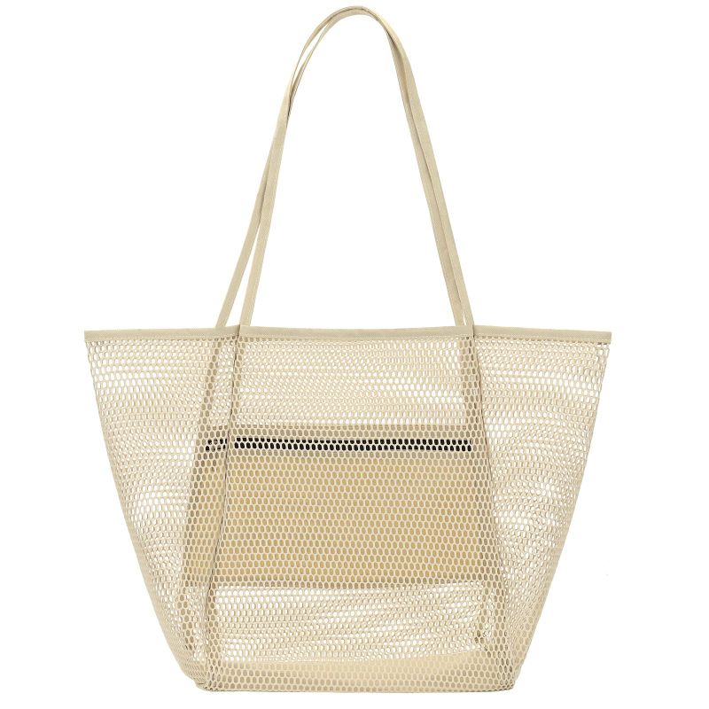 Photo 1 of (2x) Nausear Mesh Tote Beach Bag Womens Shoulder Handbag - Spacious, Durable, Breathable, Stylish, Multi-Purpose Beige