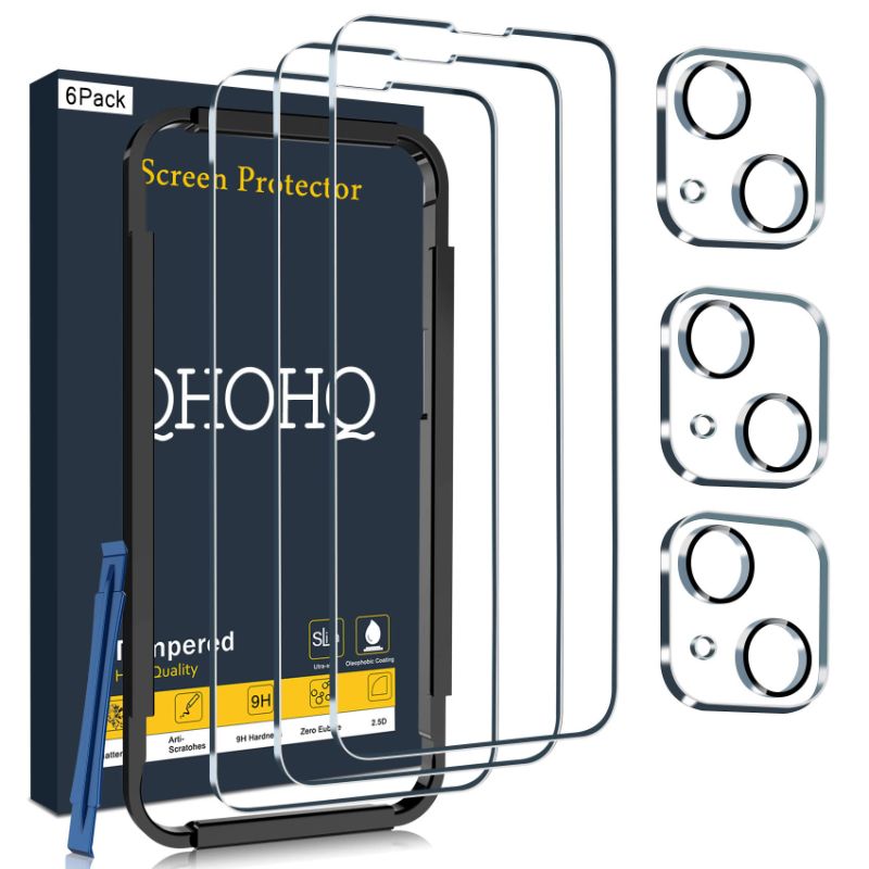 Photo 1 of (2x) QHOHQ 3 Pack Screen Protector for iPhone 14 Plus 6.7 Inch with 3 Pack Tempered Glass Camera Lens Protector, Ultra HD, 9H Hardness, Case Friendly [Easy to Install Frame] iPhone 14 Plus 6.7"