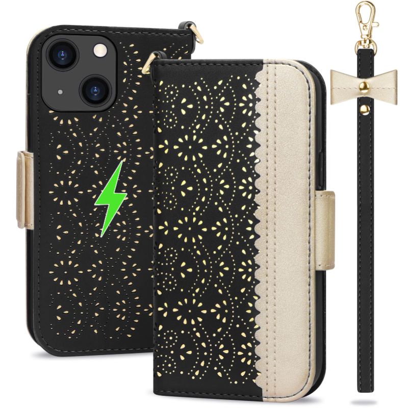 Photo 1 of (3x) Cases for iPhone 14 Case (6.1"), Compatible with [MagSafe Charger],Premium Leather iPhone 14 Wallet Case with [Romantic Carved Flower] [Card Holders] and [Makeup Mirror] for iPhone 14 5G (2022),Black A-Black