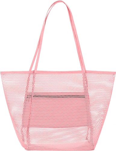 Photo 1 of (2x) Nausear Mesh Tote Beach Bag Womens Shoulder Handbag - Spacious, Durable, Breathable, Stylish, Multi-Purpose Pink