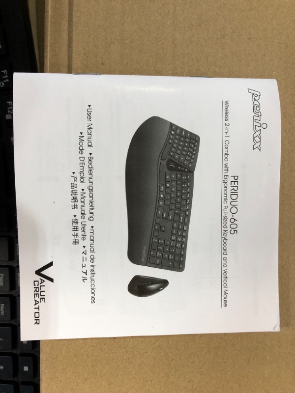 Photo 2 of USED - Perixx Periduo-605, Wireless Ergonomic Split Keyboard and Vertical Mouse Combo, Adjustable Palm Rest and Membrane Low Profile Keys, Black, US English Layout (11633)