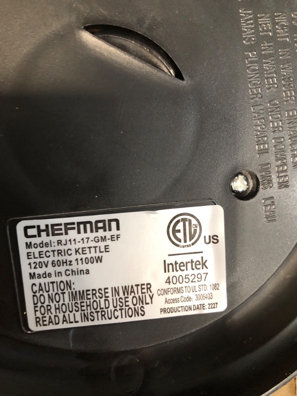 Photo 5 of (SEE NOTES) Chefman 1.7 Liter Electric Kettle With Easy Fill Lid