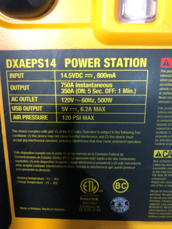 Photo 1 of **UNABLE TO TEST** DEWALT DXAEPS14 1600 Peak Battery Amp 12V Automotive Jump Starter/Power Station 