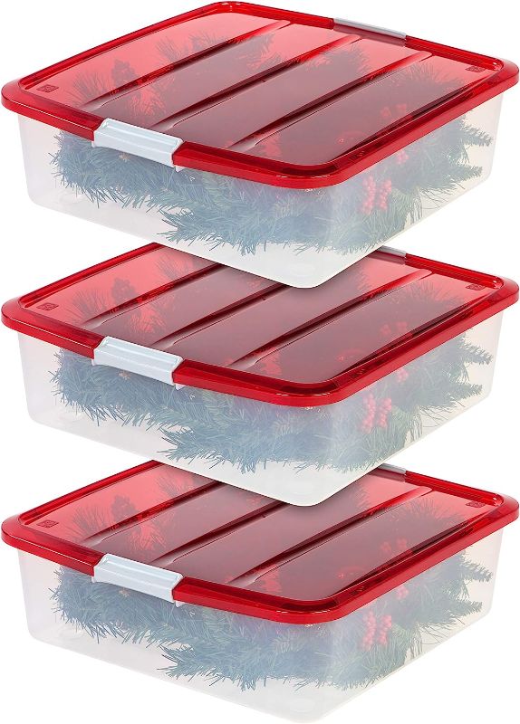 Photo 1 of *MAJOR DAMAGE TO ITEM-MISSING TWO LIDS*
IRIS USA 33Qt. 3Pack Holiday Wreath Storage Container Box with Lid, Clear/Red