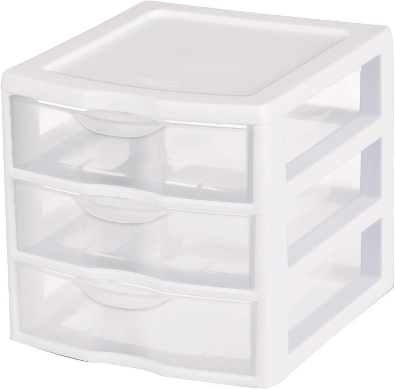 Photo 1 of  3 Drawer Plastic Storage, Mini Drawer Unit, White Frame With Clear Drawers for Craft Storage/ ONLY ONE ITEM