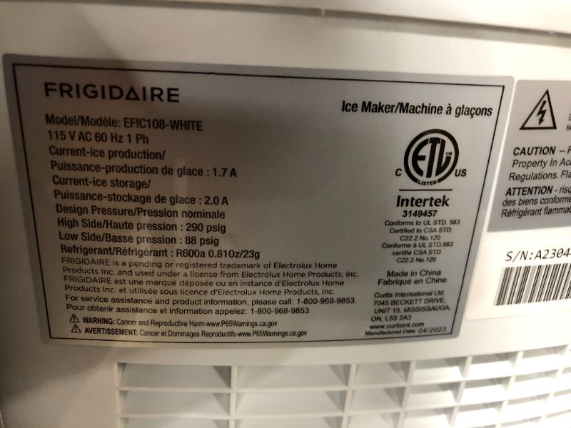 Photo 4 of ***NONFUNCTIONAL - DOESN'T POWER ON***
Frigidaire - 26-Lb. Compact Ice Maker - White EFIC102-WHITE