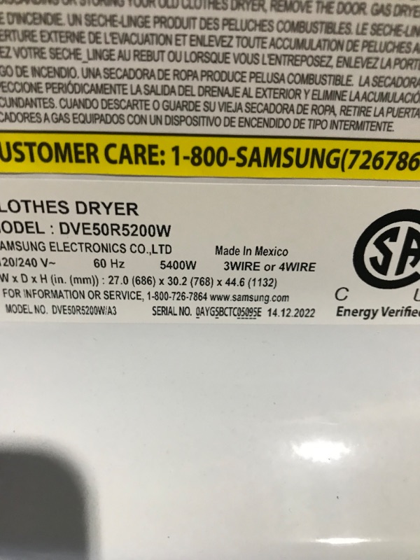 Photo 4 of **USED, HAS DENTS, NO POWER OUTLET**  UNABLE TO TEST SAMSUNG 7.4 cu. ft. Electric Dryer with Sensor Dry in White