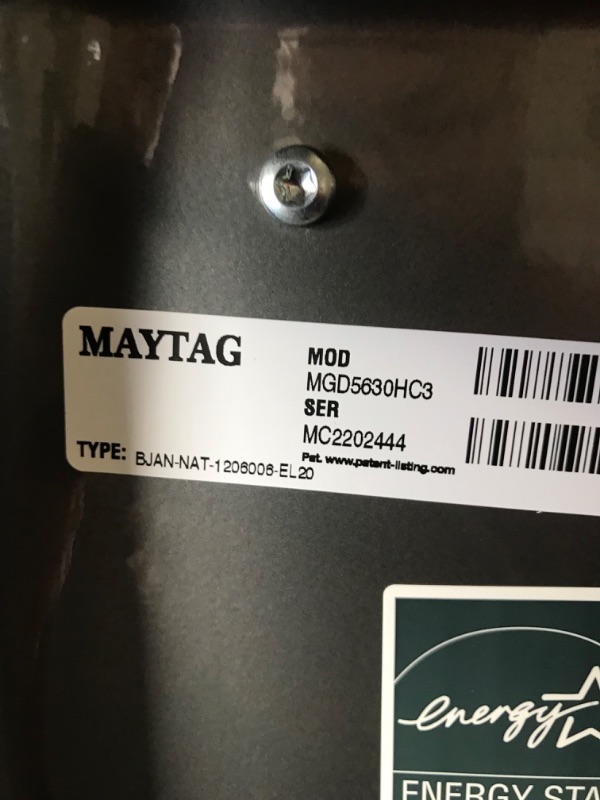 Photo 3 of **TESTED POWERS ON, UNABLE TO TEST FULLY, GAS UNIT** HAS SCUFFS  Maytag 7.3-cu ft Front Load Stackable Vented Gas Dryer with Extra Power - Metallic Slate