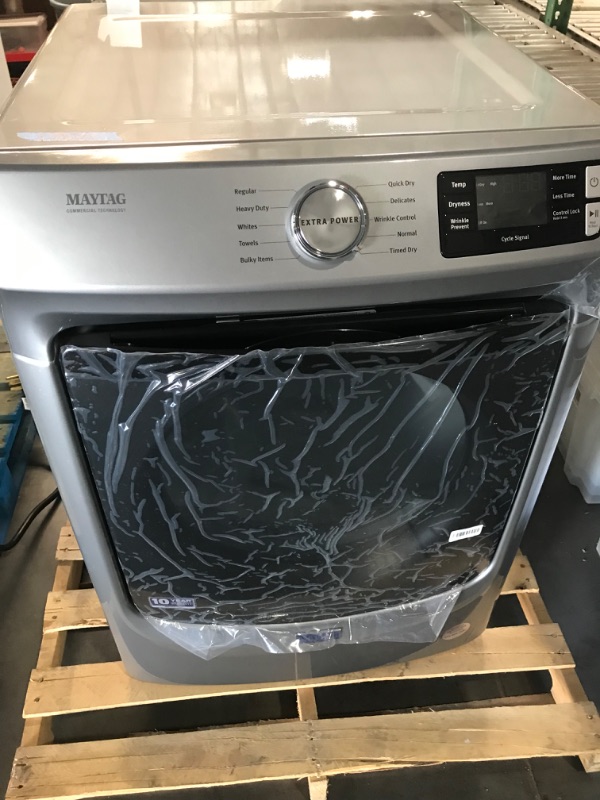 Photo 1 of **TESTED POWERS ON, UNABLE TO TEST FULLY, GAS UNIT** HAS SCUFFS  Maytag 7.3-cu ft Front Load Stackable Vented Gas Dryer with Extra Power - Metallic Slate