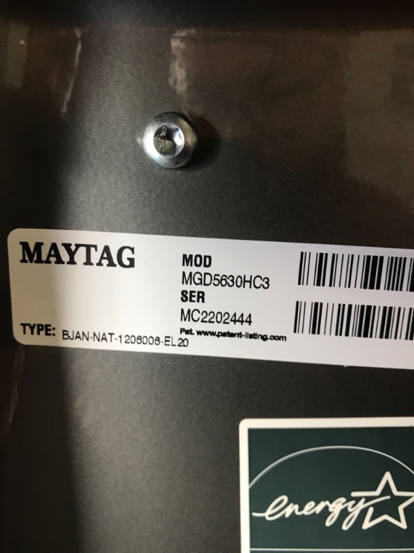 Photo 6 of **TESTED POWERS ON, UNABLE TO TEST FULLY, GAS UNIT** HAS SCUFFS  Maytag 7.3-cu ft Front Load Stackable Vented Gas Dryer with Extra Power - Metallic Slate