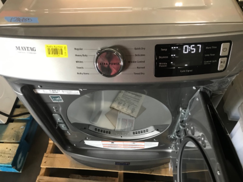 Photo 2 of **TESTED POWERS ON, UNABLE TO TEST FULLY, GAS UNIT** HAS SCUFFS  Maytag 7.3-cu ft Front Load Stackable Vented Gas Dryer with Extra Power - Metallic Slate