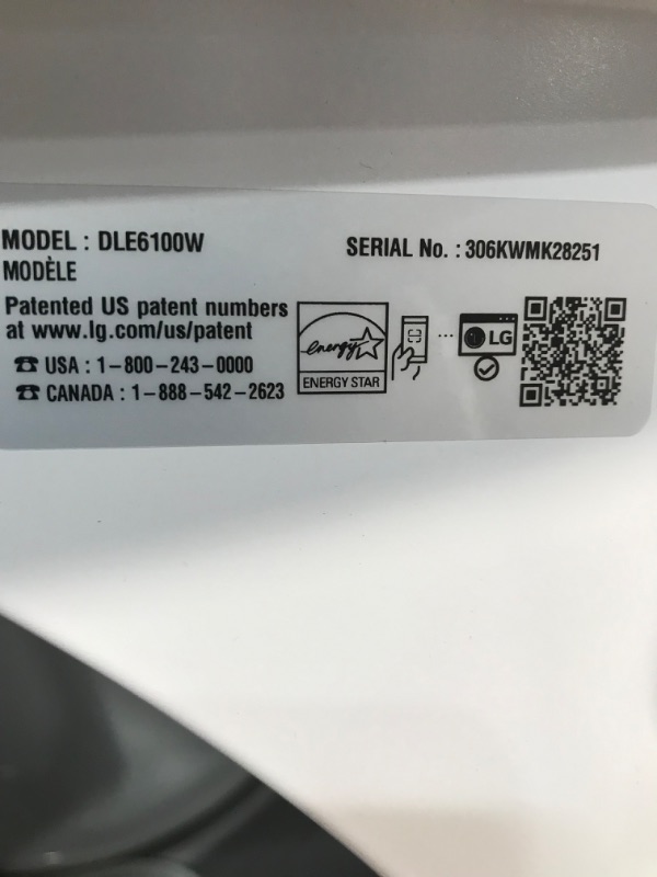 Photo 2 of **MINOR DAMAGE, UNABLE TO TEST, NO POWER CORD INCLUDED** LG 7.3 cu. ft. Ultra Large Capacity Rear Control Electric Energy Star Dryer with Sensor Dry