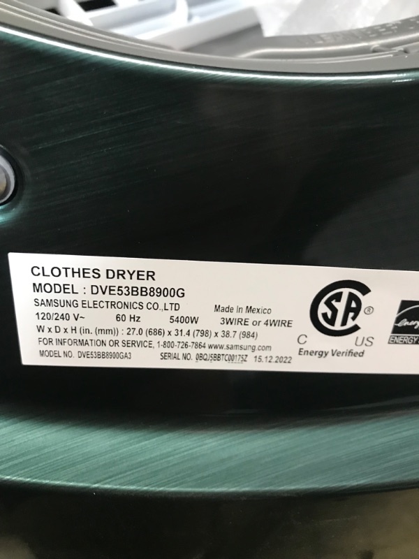 Photo 4 of **UNABLE TO TEST, NO POWER CORD INCLUDED, MINOR DAMAGE TO SIDE** SAMSUNG Bespoke 7.6 cu. ft. Ultra Capacity Electric Dryer with AI Optimal Dry and Super Speed Dry in Forest Green