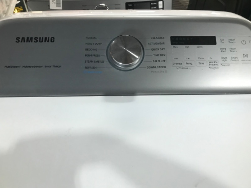 Photo 3 of **USED, UNABLE TO TEST, NO POWER CORD INCLUDED** HAS MINOR DAMAGE SAMSUNG 7.4 cu. ft. Smart Electric Dryer with Steam Sanitize+ in White