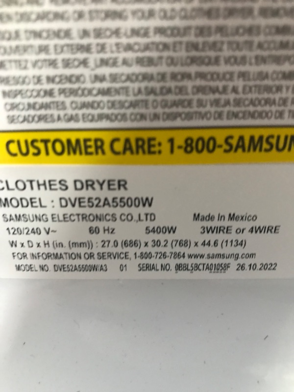 Photo 7 of **USED, UNABLE TO TEST, NO POWER CORD INCLUDED** HAS MINOR DAMAGE SAMSUNG 7.4 cu. ft. Smart Electric Dryer with Steam Sanitize+ in White