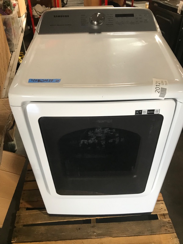 Photo 1 of **USED, UNABLE TO TEST, NO POWER CORD INCLUDED** HAS MINOR DAMAGE SAMSUNG 7.4 cu. ft. Smart Electric Dryer with Steam Sanitize+ in White