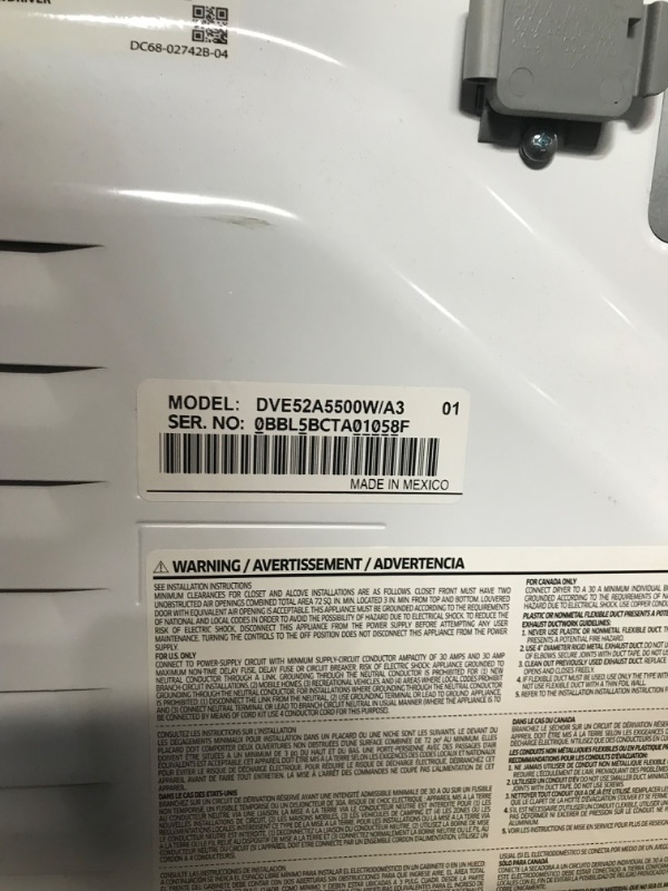 Photo 8 of **USED, UNABLE TO TEST, NO POWER CORD INCLUDED** HAS MINOR DAMAGE SAMSUNG 7.4 cu. ft. Smart Electric Dryer with Steam Sanitize+ in White