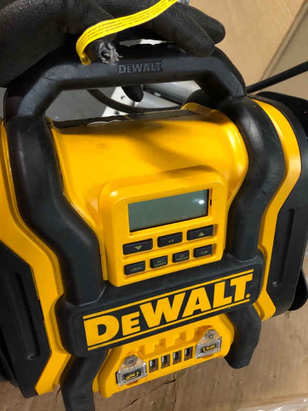 Photo 5 of DEWALT DXAEPS14 1600 Peak Battery Amp 12V Automotive Jump Starter/Power Station with 500 Watt AC Power Inverter, 120 PSI Digital Compressor, and USB Power , Yellow