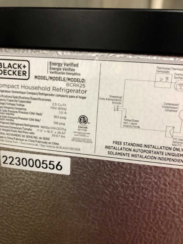 Photo 4 of * used * not functional * sold for parts/repair * 
BLACK+DECKER BCRK25B Compact Refrigerator Energy Star Single Door Mini Fridge with Freezer, 2.5 Cubic Feet, Black