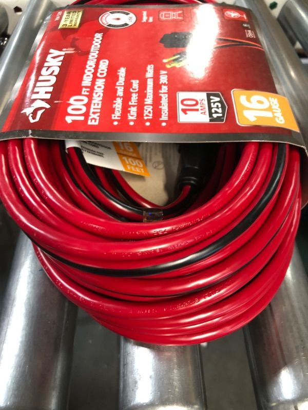 Photo 1 of Husky 100 ft. Red and Black 16/3 Medium-Duty Indoor/Outdoor Extension Cord