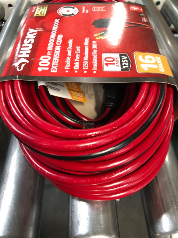 Photo 2 of Husky 100 ft. Red and Black 16/3 Medium-Duty Indoor/Outdoor Extension Cord