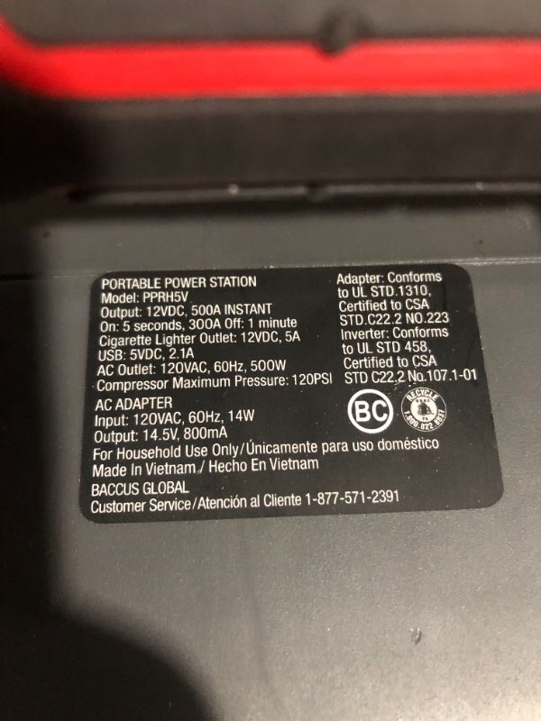 Photo 8 of ***POWERS ON - UNABLE TO TEST FURTHER***
VECTOR 1200 Peak Amp Jump Starter, PPRH5V, Battery Booster, Dual Power Inverter, 120 PSI Air Compressor