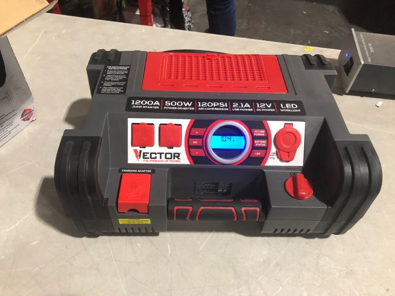 Photo 2 of ***POWERS ON - UNABLE TO TEST FURTHER***
VECTOR 1200 Peak Amp Jump Starter, PPRH5V, Battery Booster, Dual Power Inverter, 120 PSI Air Compressor