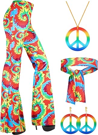Photo 1 of 70s Women Hippie Costume Accessories, Boho Flare Pants Tie Dye Headband Peace Sign Necklace Earrings for 70s 60s Outfits