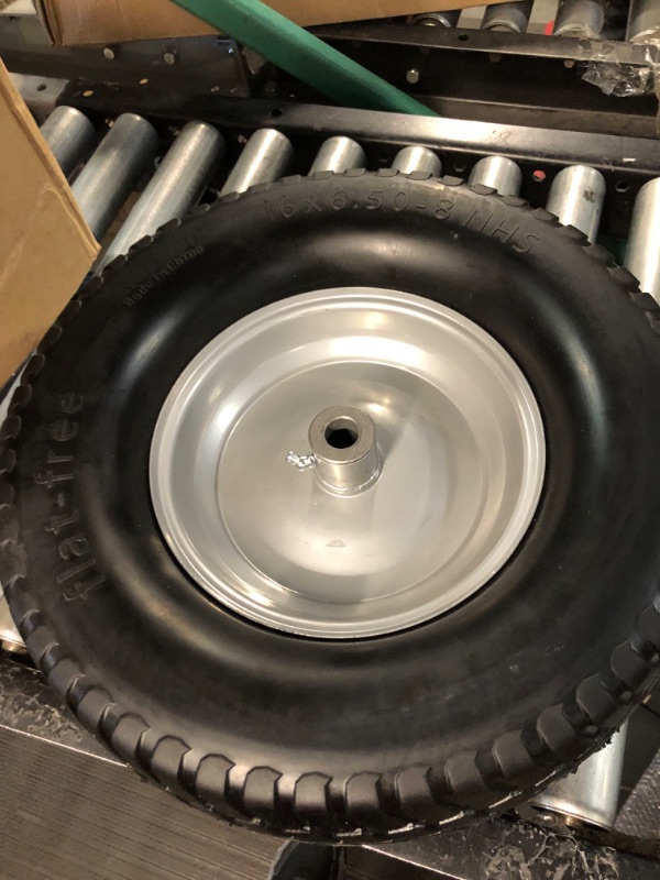 Photo 2 of (2-Pack) 16x6.50-8 Tire and Wheel Flat Free - Solid Rubber Riding Lawn Mower Tires and Wheels - With 3" Offset Hub and 3/4" Bushings - 16x6.5-8 